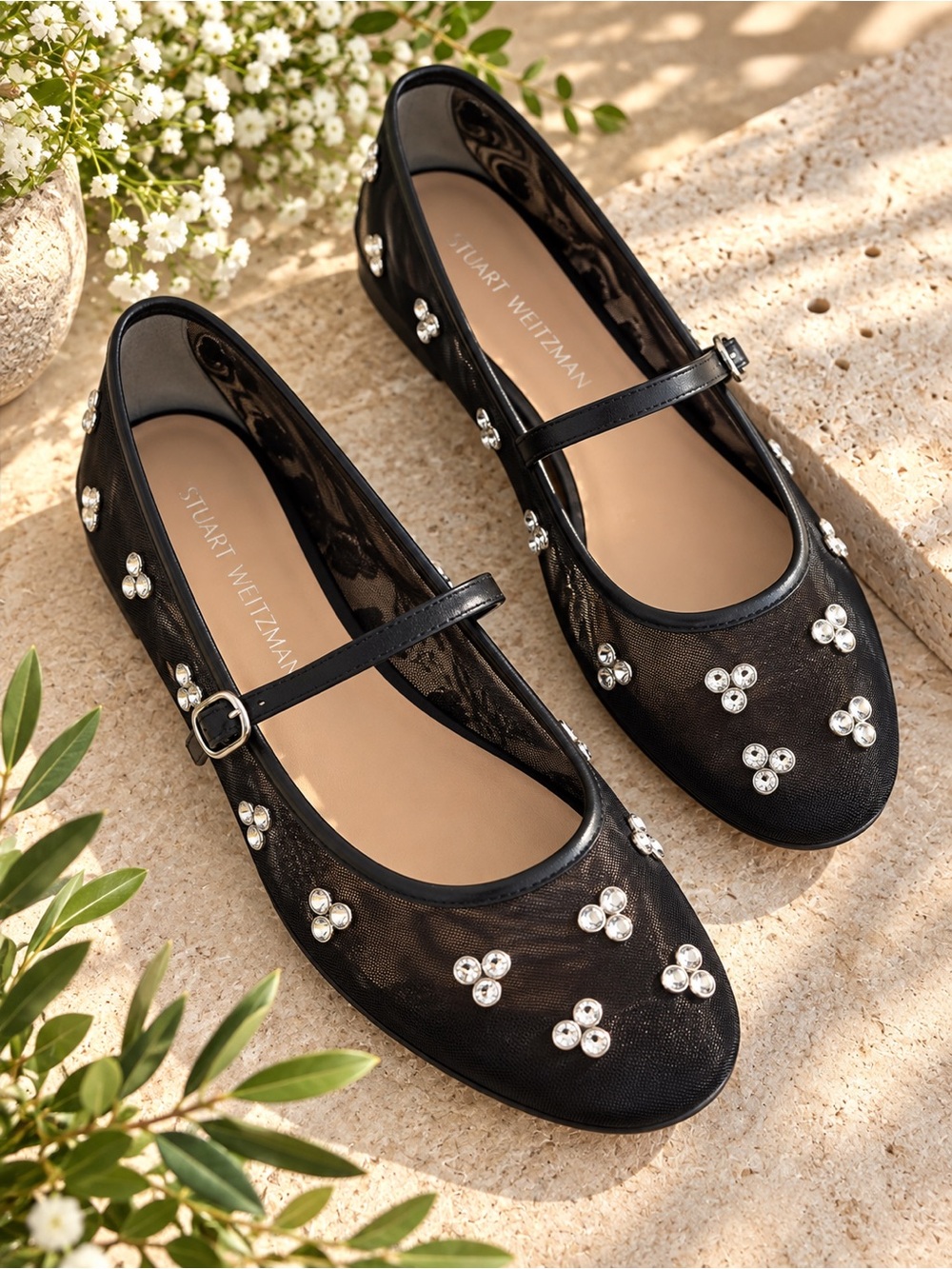 Stuart Weitzman Tammy Black Mesh Crystal Mary Jane Ballet Flats Size 8 #27